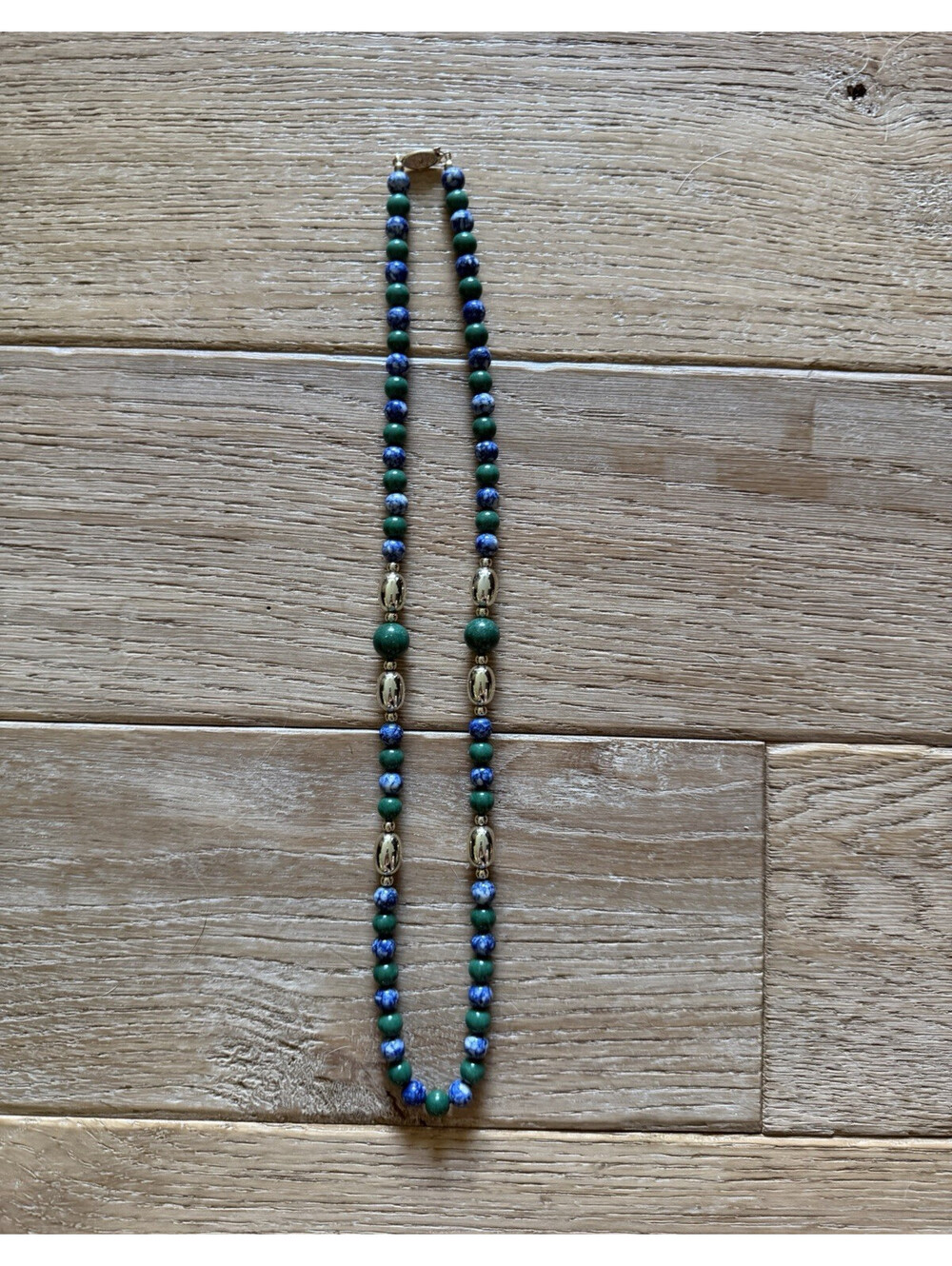 Vintage Malachite and Blue Stone Beaded Necklace with Gold Accent Beads